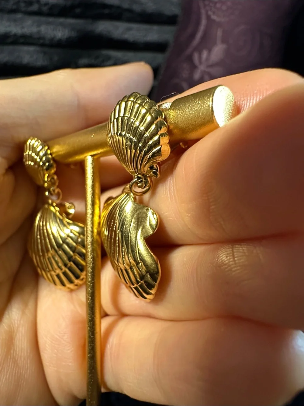 Kenneth Jay Lane Gold Shell Double-Drop Earrings - Picture 3 of 8